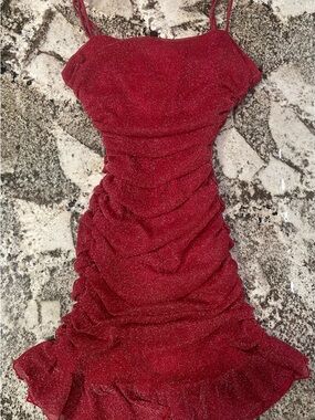 City Studio Red Ruched Glitter Bodycon Dress